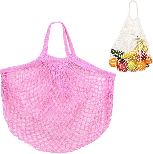 1-Pack Cotton Mesh Bag, Reusable Washable Mesh Net String Grocery Bags, Reusable Produce Bags with Handle, Net Tote Bag for Fruits/Vegetables Shopping [Pink, Short Handle]
