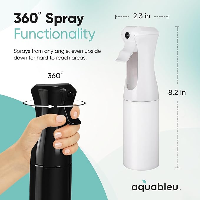Aquableu Spray Bottle for Hair – Continuous Mist Spray Bottle for Hair Care, Styling, Cleaning, Plants, Pets & Essential Oils (Variety Pack of 2 - Black & White, 6.76oz/200ml)