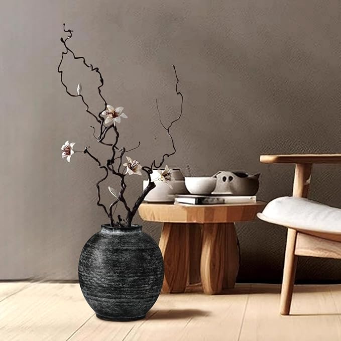 Large Black Ceramic Vase, 10.8 inch Round Minimalist Textured Floor Vase, Rustic Farmhouse Decor for Home, Living Room, Shelf, Table, Bathroom & Entryway Decoration (Black Bronze)