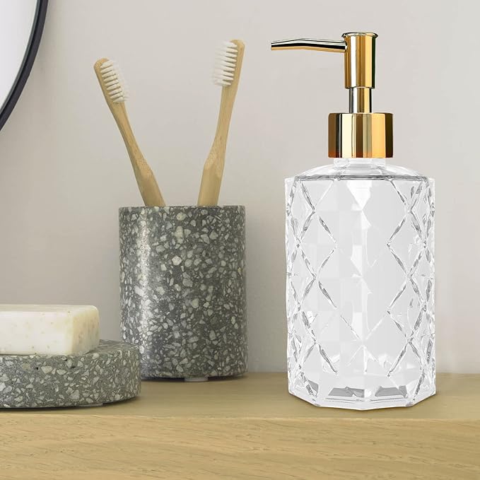 Clear Glass Soap Dispenser with Gold Plastic Pump, 2 Pack 12oz Diamond Hand Soap Dispenser, Refillable Lotion Dispenser & Dish Bathroom Dispenser for Liquid, Shower Gel