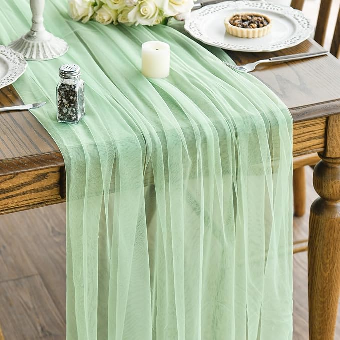 Artoid Mode 6PCS Light Green Gauze Table Runner 120 Inch 10FT, Seasonal Sheer Kitchen Dining Holiday Wedding Birthday Baby Shower Table Decor for Home Party