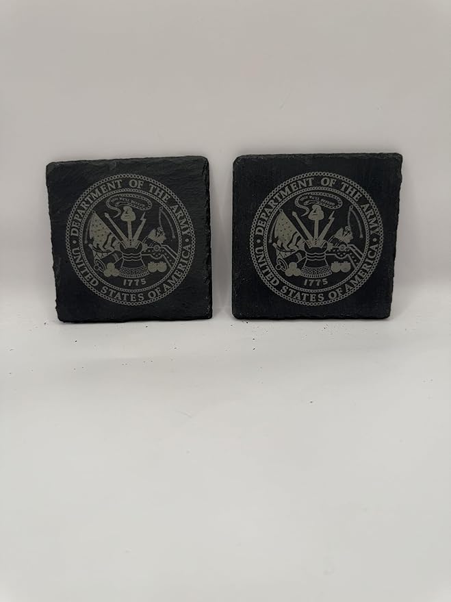 US Army Department Slate Coasters, Military Seal Design, Black, Set of 4