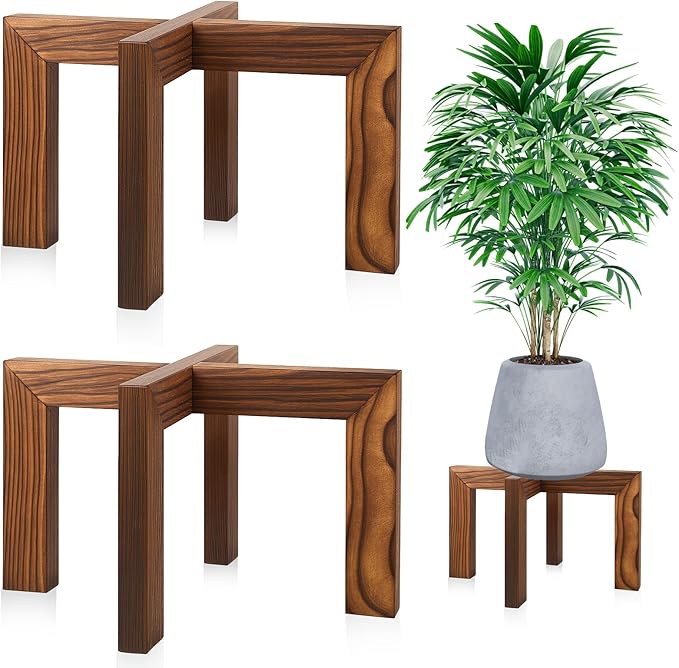 2 Pack Wood Plant Stand, Indoor Outdoor Sturdy Brown Flower Pot Holder Modern Plant Shelf Rattan Flower Plants Stool Elegant Home Decor for 5-18 Inch Pots Patio Variety Pots Easy Assembly