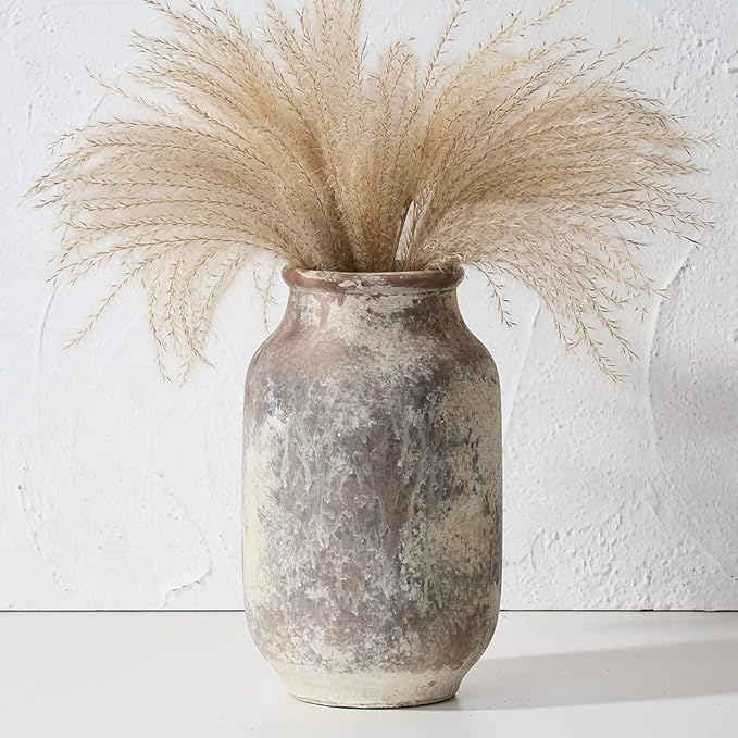 SIDUCAL Rustic Ceramic Farmhouse Flower Large Vase, Whitewashed Terra Cotta Vase, Pottery Decorative Flower for Home Decor, Table, Living Room Decoration, Shelf Decor, Mantel, 9.5 Inch, Terra
