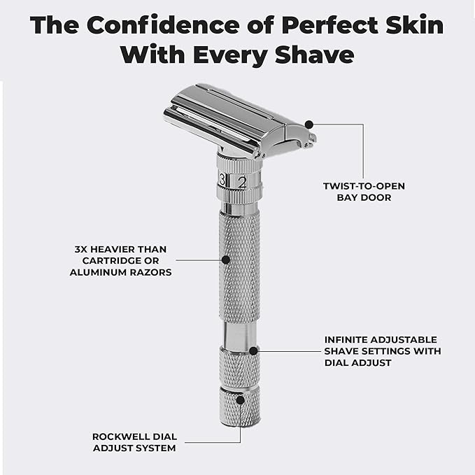 Rockwell Razors T2 Adjustable Safety Razor in White Chrome. Infinite Shave Settings for all Skin Types. Twist-To-Open Mechanism. Includes 5 Fully Recyclable Razor Blades. Built to Last a Lifetime.