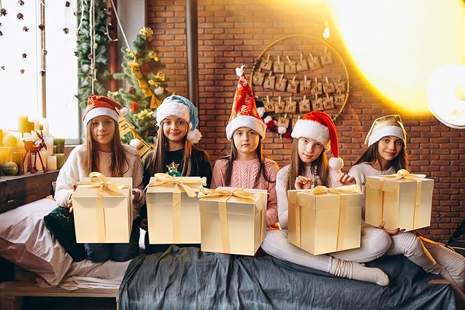 Jaywayang 5 Pack Gold Gift Boxes with Lids, Ribbons and Tissue Papers Square Gift Boxes - 7.1 Inch - Christmas Presents Wrapping Hanukkah Decoration Party Favor Boxes.