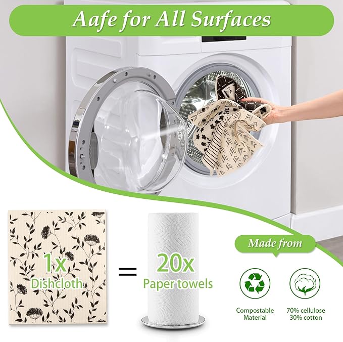 Lucomb 10 Pack Swedish Dishcloths with Hook, Eco-Friendly Reusable Paper Towels Washable Cellulose Sponge Swedish Dish Cloths for Kitchen Counter Cleaning