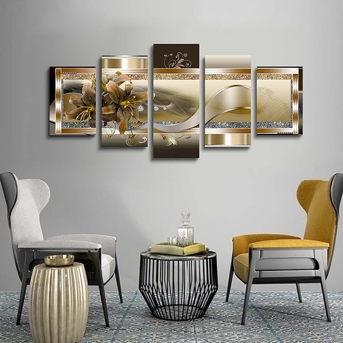 5 Panel Yellow Orchid Flowers Canvas Print - Abstract Golden Floral Wall Decor Poster, 5 pieces Wall Art Painting Decor for Home Decoration Artwork Picture Bedroom Wall Decor (D,Oversize 60x30inch)