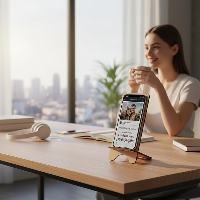 Design Your Own Phone Stand Personalized Wooden Holder Custom Pet Name Engraved Handmade Desk and Home Accessory Gift (Spotify Version with Custom Photo)