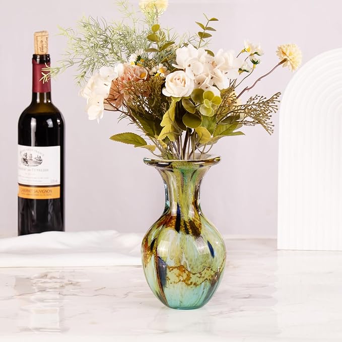 KAMMAK Colored Glass Vase, Beautiful Hand Blown Decorative Vase, Modern Art Vase for Flower Mantle Dining Table Centerpiece, Entryway Living Room Wedding Decoration, FH001