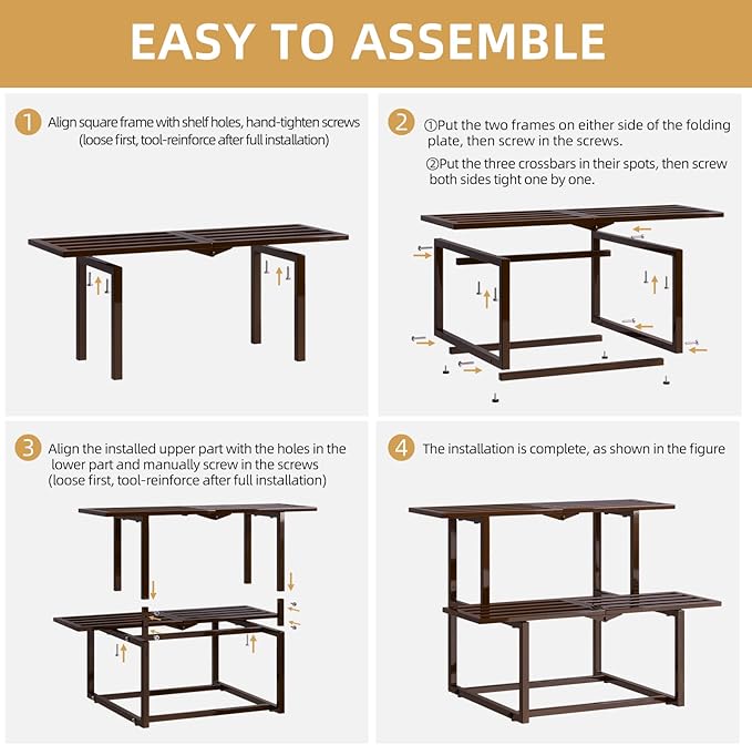 Metal Plant Stand Indoor, Outdoor Iron Plant Shelf, Heavy Duty Slatted Display Shelf for Patio Balcony Garden Living Room Load Bearing 330 LB 26" L x 20.2" H x 17.7" W 2 Tier Coffee
