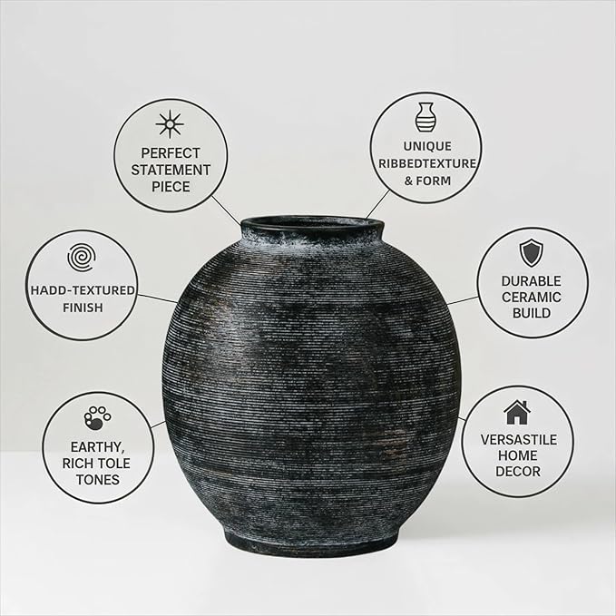 Large Black Ceramic Vase, 10.8 inch Round Minimalist Textured Floor Vase, Rustic Farmhouse Decor for Home, Living Room, Shelf, Table, Bathroom & Entryway Decoration (Black Bronze)