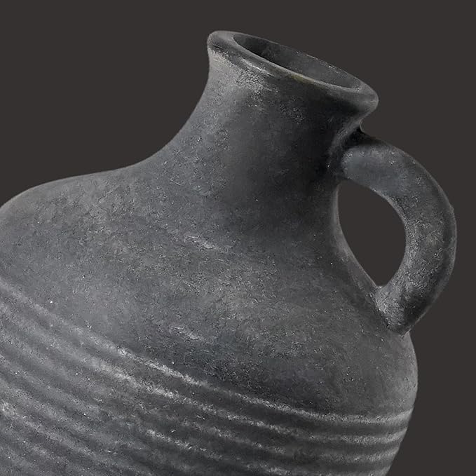 Black Ceramic Vase, Rustic Farmhouse Vase with Handle, 6 inch Terracotta Clay Small Vases, Centerpieces for Dining Table, Living Room, Bedroom, Entryway, Shelf Decor