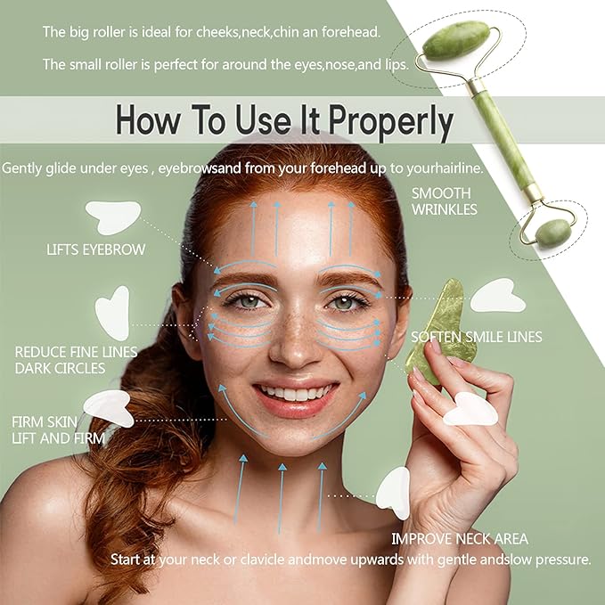 Jade Roller & Gua Sha Set，facial roller，Jade Roller Gua Sha Board Massage Tool Set，Facial Skin Care Roller Massager Muscle Relaxing Wrinkles Relief, Whole Body Relive Devices (green)