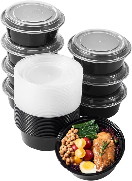 32 oz 50 ct Round Meal Prep Containers with Lids Plastic Food Storage Lunch Plan To Go Box Disposable Take Out Bowls BPA Free Durable Stackable Microwave Freezer Safe (Formerly FULING)