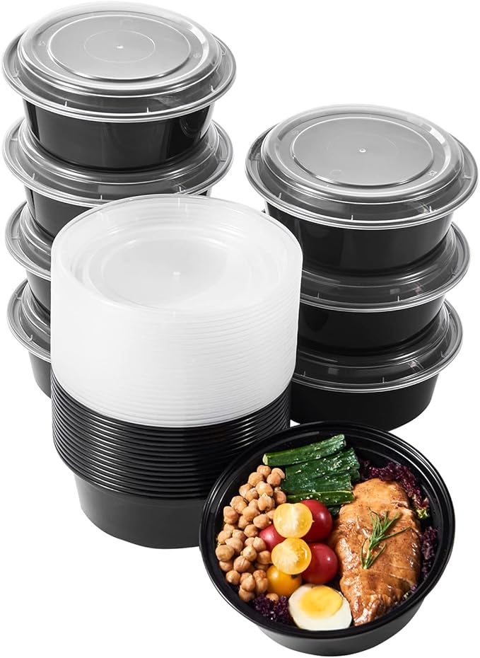 32 oz 150 ct Round Meal Prep Containers with Lids Plastic Food Storage Lunch Plan To Go Box Disposable Take Out Bowl Black BPA Free Reusable Stackable Microwave Freezer Safe (Formerly FULING)