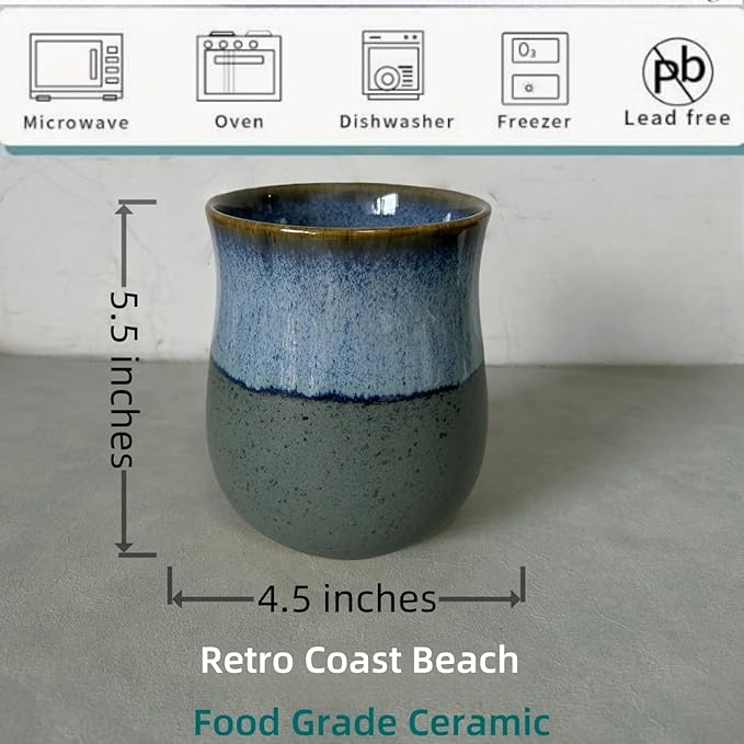 Medium Ceramic Kitchen Utensil Holder for Kitchen Counter Short Cooking Utensil Holder for Countertop Spatula Holder Small Utensil Crock Cutlery Holder Silverware Caddy Flower Vase (Retro Coast Beach)