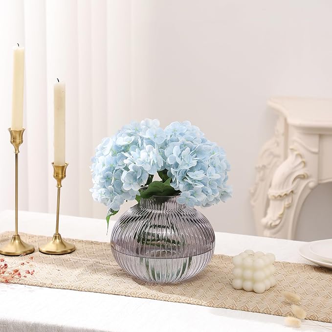 Black Glass Vase for Tulips, Ribbed Glass Vase for Flowers, Round Flower Vases, Small Short Vases for Living Room, Office, Coffee Table, Shelf, Wedding, 6 Inches