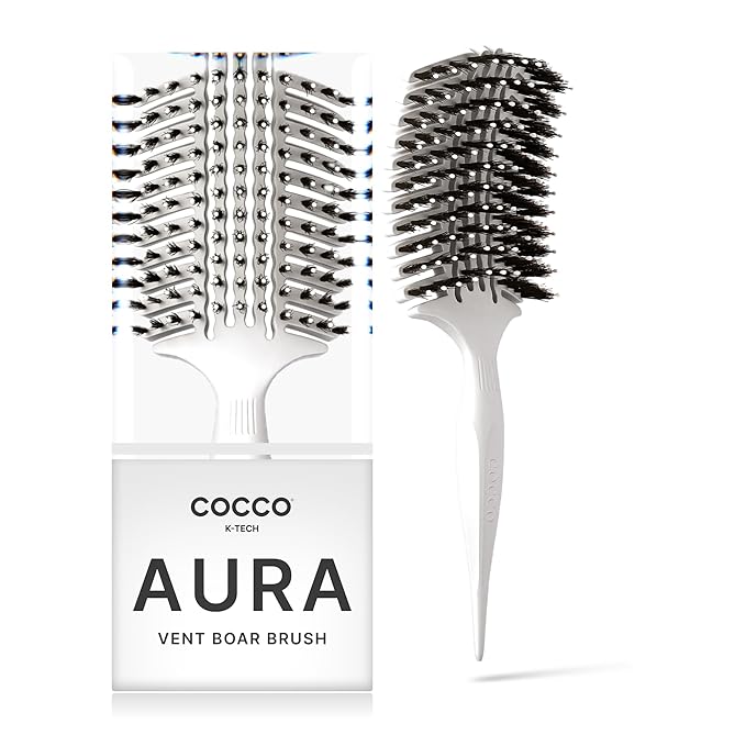 COCCO Aura Vent Boar Brush | Vented Dual-Curved Design for Faster Drying, Effortless Detangling & Shine, Boar + Nylon Bristles, Ergonomic Comfort Handle for Wet & Dry Hair Styling - White