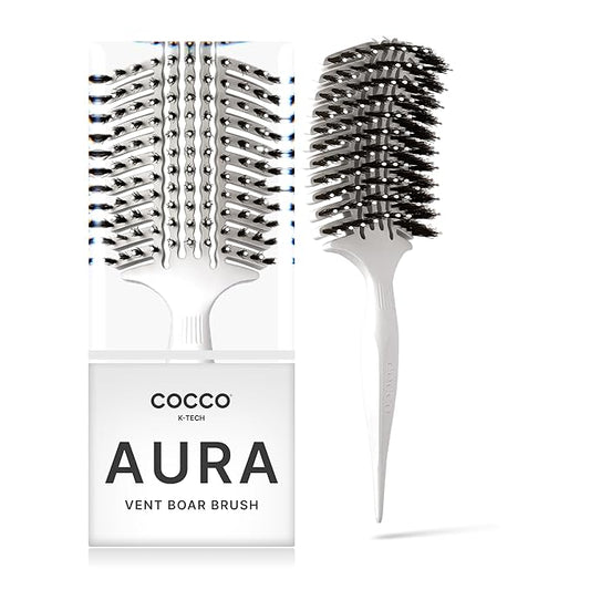 COCCO Aura Vent Boar Brush | Vented Dual-Curved Design for Faster Drying, Effortless Detangling & Shine, Boar + Nylon Bristles, Ergonomic Comfort Handle for Wet & Dry Hair Styling - White