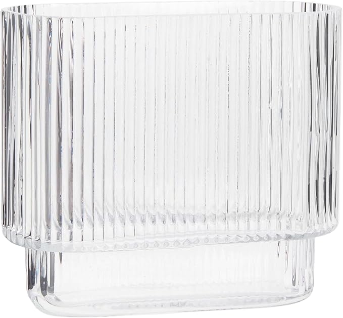 Ribbed Vase, Fluted Glass Vase for Flowers, Clear Flower Vases for Tulips, Modern Vases for Living Room, Dining Table, Office, Bedroom, Mantle, Shelf, Wedding, 7 Inch