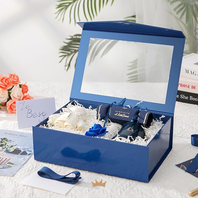 PACKQUEEN 5 Large Blue Easter Gift Boxes with Windows, 13.5x9x4.1 Inches Clear Gift Boxes for Presents Contain Ribbons, Cards, Groomsmen Proposal Boxes, Boxes with Magnetic Lids (Glossy Blue)