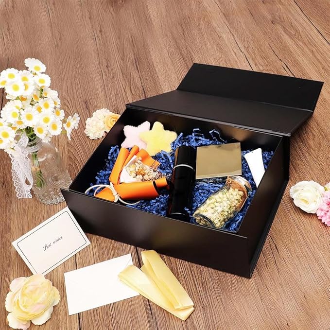 UoeRing 1 Pcs Black Gift Box,11.5x8x4 Magnetic Gift Box for Presents with Lids Rectangle Collapsible for Bridesmaid Proposal Box,Wedding,Christmas,Birthday Gift Packging with Ribbon Card Envelope