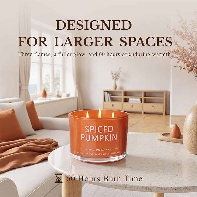 Pumpkin Spice Fall Candle, Large 3 Wick 12oz Luxury Candle, Elegant Autumn Gift for Women & Men, 60+ Hour Burn Time & Non-Toxic, Cozy Fall & Halloween Home Decor