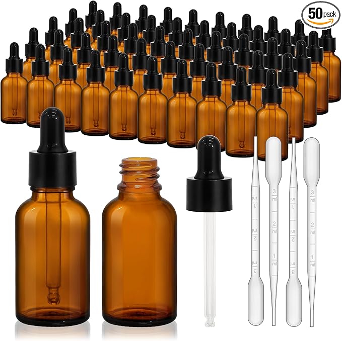 KEYWING 50 Pack 1/2oz Eye Dropper Bottles – 15ml Leakproof Amber Glass Bottles for Essential Oils, Tinctures, Hair Oils, Travel Liquids