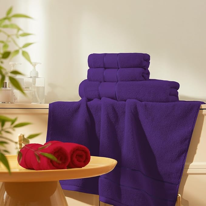 Marvione Bath Towels Set 6 Piece, 100% Turkish Cotton Highly Absorbent and Soft Towels for Bathroom 2 Bath Towels 2 Hand Towels 2 Washcloths, Purple