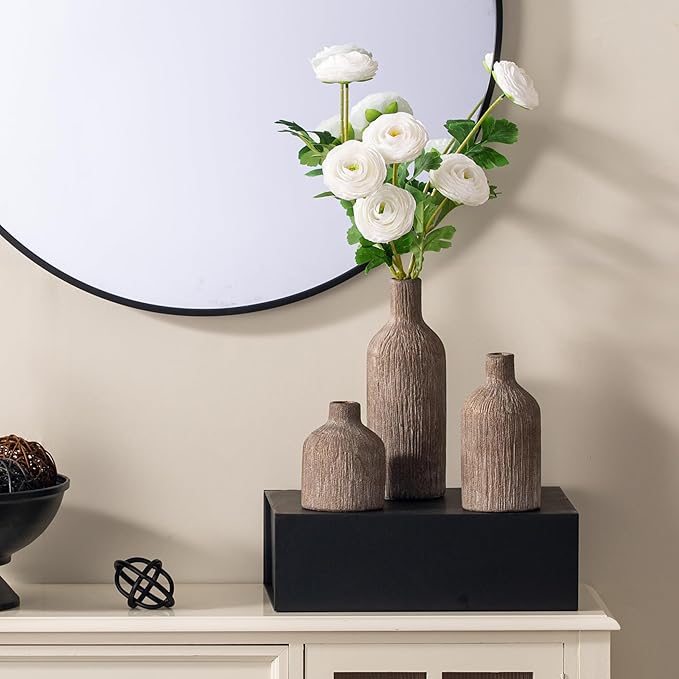 Ceramic Vase Home Table Decor - Brown Flower Vase Set of 3 Living Room Kitchen Decorations Farmhouse Modern Rustic Vases Decorative Centerpiece for Shelf Bedroom Office Bathroom Dining Coffee Desk