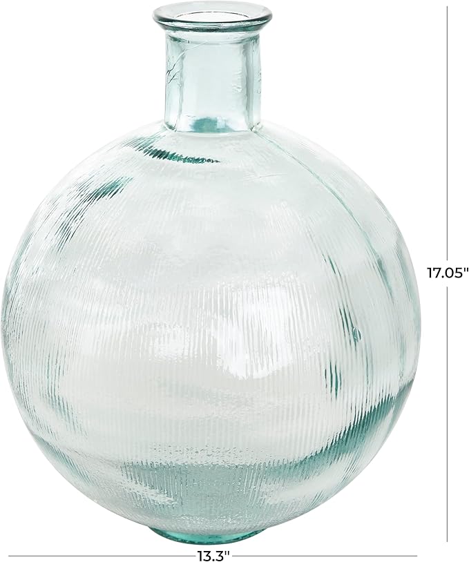 Deco 79 Recycled Glass Handmade Decorative Vase Ribbed Spanish Bottle Centerpiece Vase, Flower Vase for Home Decoration 13" x 13" x 17", Clear