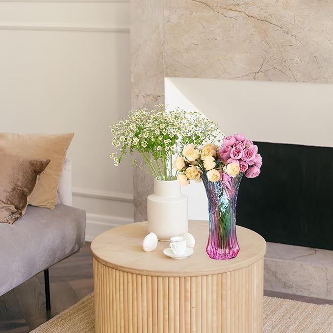 Multicolor Clear Glass Vases Wide Mouth Gradient Flower Vase for Bookshelf Dinner Table Indoor Office Desktop Meeting Room Bathroom Countertop 9.43x4.91x4.91 Inch