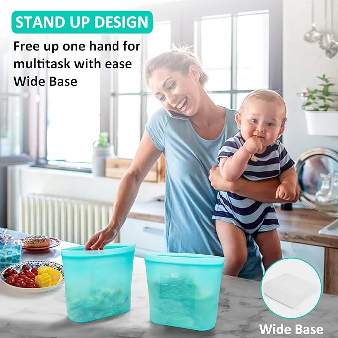 Reusable Food Storage Bags Extra Large, 0.8 Gallon/101 fl.oz/3000 ml, 4 Pack 100% Silicone Food Storage Bags Stand-Up Wide-Mouth Zip-Lock for Large Items, Freezer Microwave Oven Dishwasher Safe, Aqua