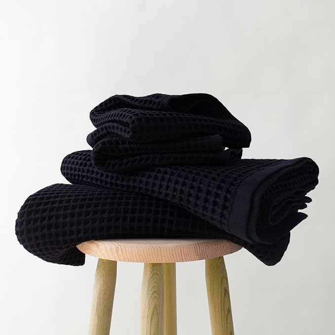 PÜSKÜL - Premium Waffle Towel Set 4 Pieces Black - Organic 100% Turkish Cotton Quick-Dry Towels for Bathroom Made in Turkiye (Black, Towel Set - 2 Hand & 2 Bath Towels)