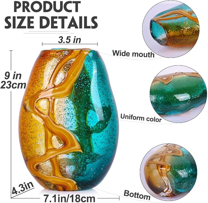 9" Tall Handcrafted Glass Vase with Amber and Turquoise Colors - Artistic Decorative Flower Vase for Home Decor, Modern Art Piece for Living Room, Dining Table, Kitchen, Office, Desk, Bedroom Decor