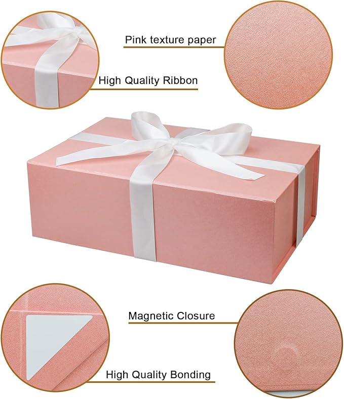 YINUOYOUJIA Pink Gift Boxes with Lid,14"x9"x4.5" Magnetic Gift Box with Ribbon,Cards and Envelopes for Presents,Great for Wedding,Birthdays,Crafting,Gift Packaging.