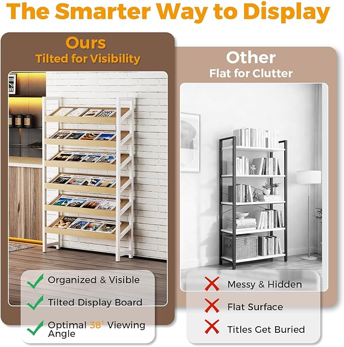 6-Tier Floor Standing Magazine Rack, Modern Literature Display Stand, Heavy Duty Steel Display Shelf with 38° Slant & 2.75" Lip, for Office/Airport/Bookstore/Library, 39"L x 12"W x 71"H (White)