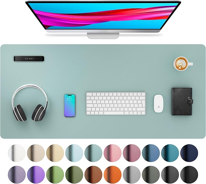 Aothia Leather Desk Pad Protector, Mouse Pad,Office Desk Mat, Non-Slip PU Leather Desk Blotter, Laptop Desk Pad, Waterproof Desk Writing Pad for Office and Home (36" x 17", Light Blue)