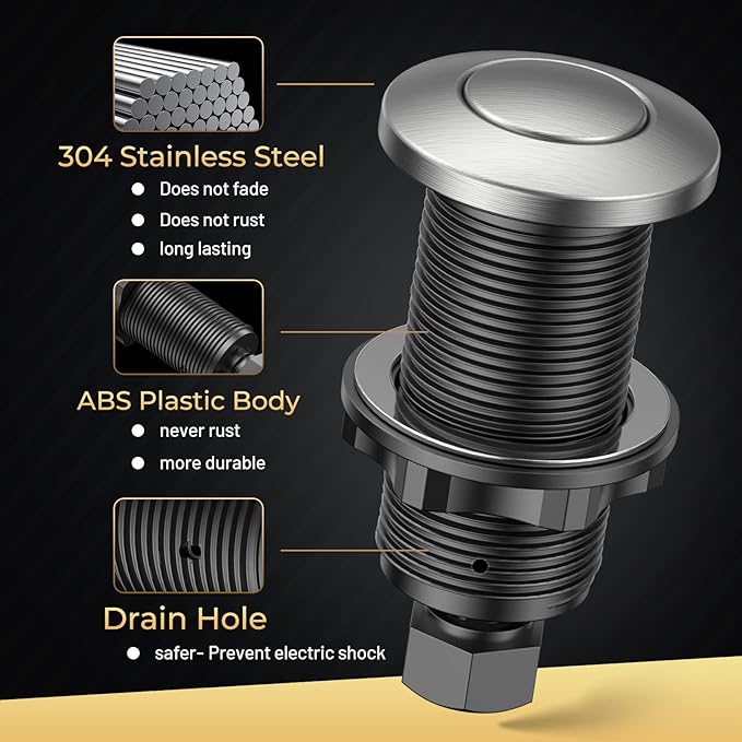 Garbage Disposal Air Switch Kit - Professional, UL Listed Wireless Sink Top Garbage Disposal Button, Stainless Steel/Black On/Off, Compatible with all garbage disposals.