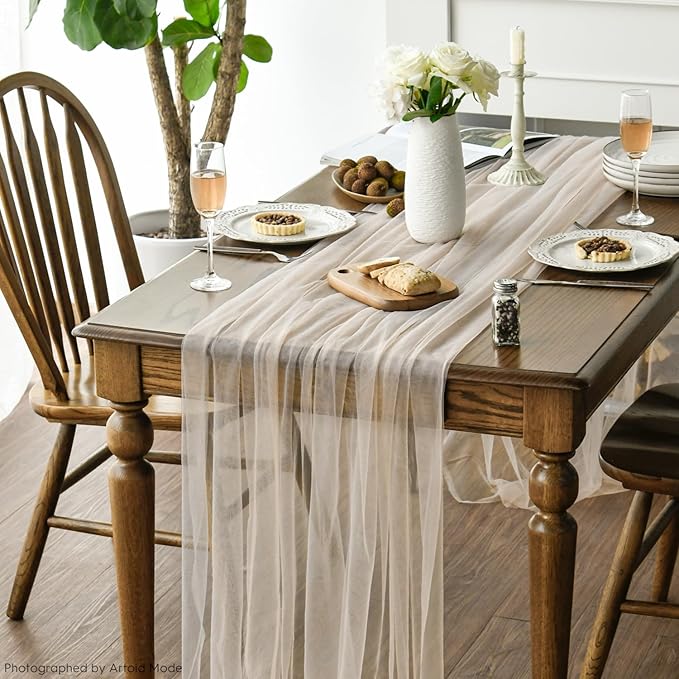 Artoid Mode Peach Gauze Table Runner 120 Inch 10FT, Seasonal Sheer Kitchen Dining Holiday Wedding Birthday Baby Shower Table Decor for Home Party