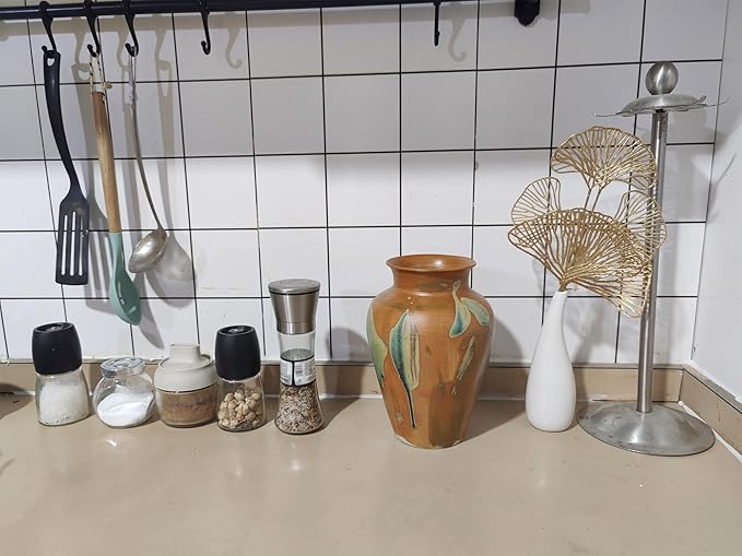 Terracotta Pottery - 8.8" Unique Decorative Vintage Vase, Green Glazed Earth Yellow Boho Neutral vase Home Decor, Wide Mouth Ceramic Farmhouse Flower Vases for Living Room, Kitchen Decor