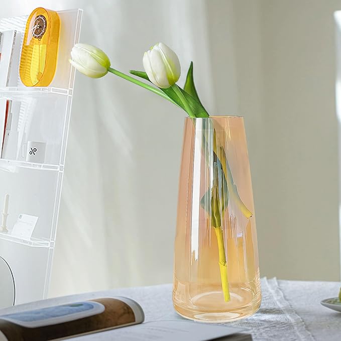 Aoderun Glass Vase for Flowers Modern Vases Home Decor Unique Flower Vase for Bouquet 8.7" Centerpiece Vase Decor Room,Bedroom,Living Room,Library,Office,Table,Entryway,Modern Farmhouse(Amber)