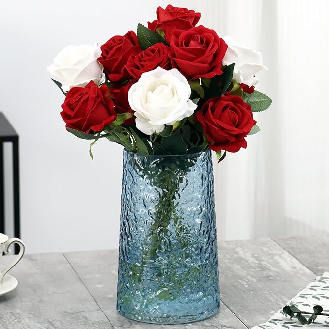 Blue Glass Vase, Flower Vases for Bouquet, Modern Glass Vase for Flowers, Large Vases for Living Room, Bedroom, Kitchen, Office, Wedding, Dining Table, 8 Inches