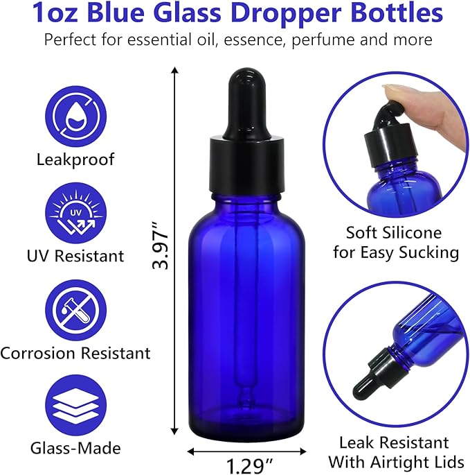 KEYWING 60 Pack 1oz Eye Dropper Bottles – 30ml Leakproof Blue Glass Bottles for Essential Oils, Tinctures, Hair Oil, Travel Liquids