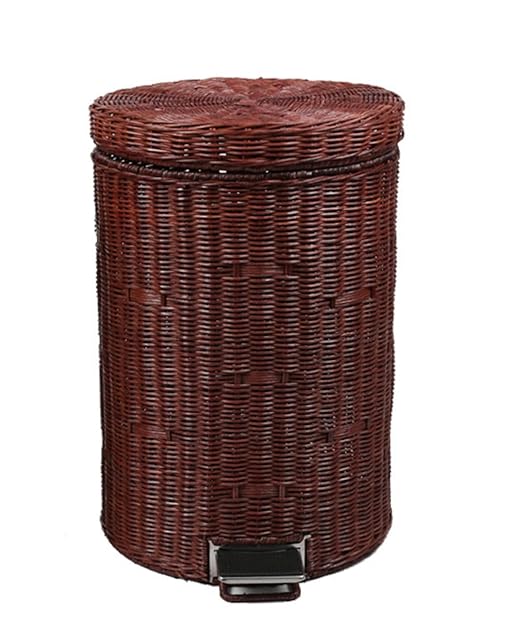 CUTMKGK Rattan Round Foot Pedal Trash Can with Lid,Kitchen Wicker Garbage Can Bedroom Retro Office Silent Handwoven Wastebasket (Brown,5L)