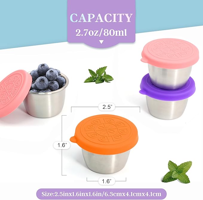 6x2.7 Oz Salad Dressing Container to Go,Handy Leakproof Stainless Steel Meal Prep Containers Reusable,Sauce Containers for Lunch Box, Picnics, Travel, Office and Kitchen Storage