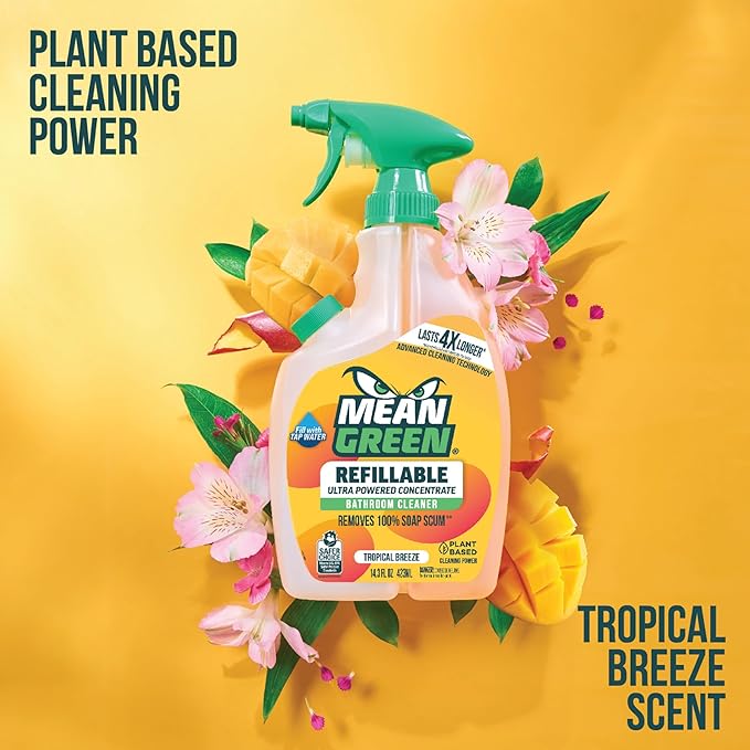 Mean Green Refillable Ultra Powered Bathroom Cleaner Concentrate, Tropical Breeze, 14.3 fl oz (2-Pack) – Plant & Mineral Based, Removes 100% of Soap Scum, Refillable Bottle Makes 4X Refills