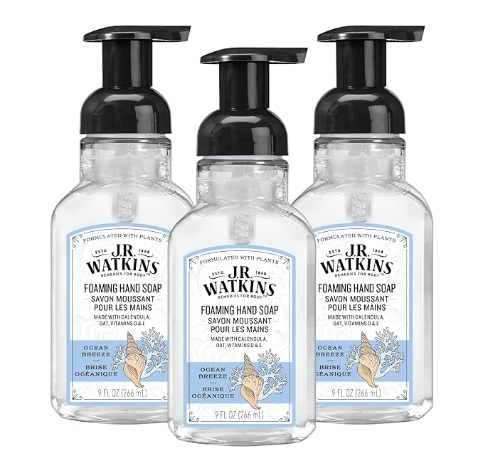 J.R. Watkins Foaming Hand Soap with Pump Dispenser, Moisturizing Foam Hand Wash, Alcohol-Free, Cruelty-Free, Ocean Breeze, 9 fl oz, 3 Pack