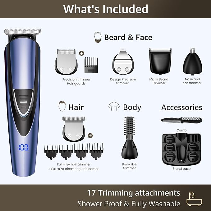 SHPAVVER Beard Trimmer for Men: Professional Barber Hair Clippers - 12-in-1 Cordless Grooming Kit - Waterproof Electric Razor with Turbo Speed & Precision Blades, Blue